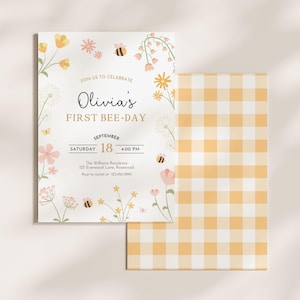 1st Bee Day Invitation Editable, Floral Girl First Birthday Invite, Canva Template image 3
