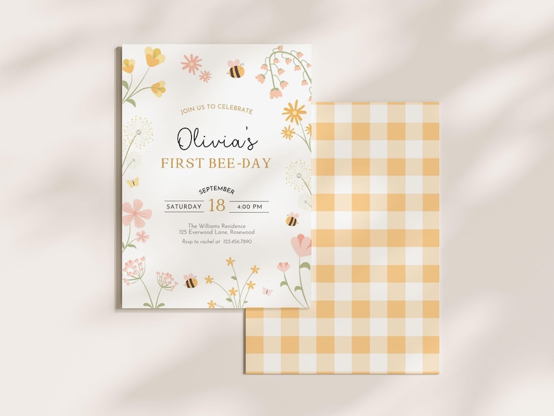 1st Bee Day Invitation Editable, Floral Girl First Birthday Invite, Canva Template image 3