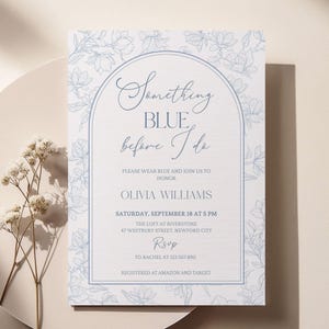Something Blue Before I Do vrijgezellenfeestuitnodiging bewerkbare, stoffige blauwe vintage bloemenuitnodiging afdrukbaar of digitaal, canvassjabloon
