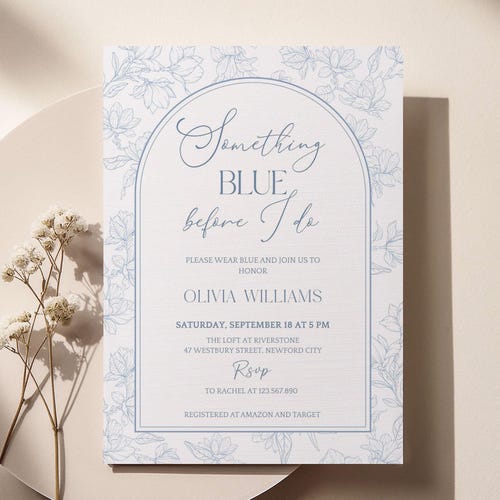 Invito per addio al nubilato "Something Blue Before I Do" modificabile, invito floreale vintage blu polvere stampabile o digitale, modello Canva