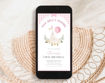 Goose 1st Birthday Girl Evite, Pink Silly Goose Electronic Invite, Gingham Canva Template