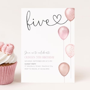 Girl 5th Birthday Invitation Editable Pink Balloons, Simple Birthday Five Invitation, Digital Canva Template