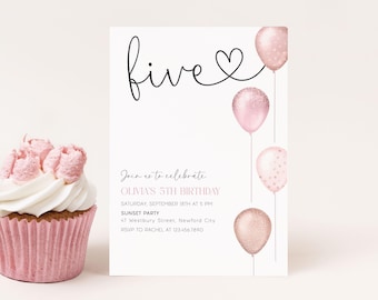 Girl 5th Birthday Invitation Editable Pink Balloons, Simple Birthday Five Invitation, Digital Canva Template