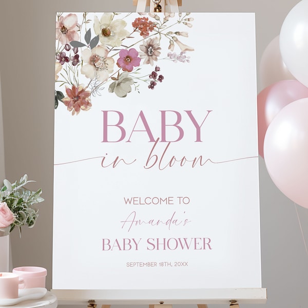 Baby Shower Welcome Sign Baby in Bloom Theme Editable Boho Floral Baby Shower Decorations | BIB