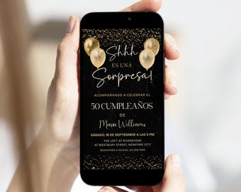 Spanish Surprise Party Digital Invitation, Fiesta Sorpresa Gold Evite, Canva Template