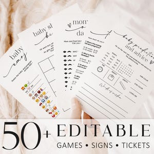 Paquete de juegos minimalistas para baby shower, juegos y letreros modernos y editables para baby shower, plantillas modernas para baby shower de género neutro.