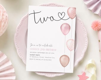 Girl Second Birthday Invitation Pink Balloons, Editable Template, Canva