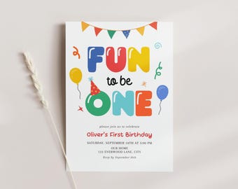 Invitación de cumpleaños "Fun to Be One", colorida invitación para el primer cumpleaños, plantilla de Canva