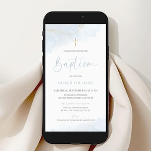 Boy Baptism Evite Blue and Gold, Modern Christening Phone Invite, Canva Editable