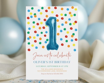 Editable Boy 1st Birthday Colorful Confetti Invitation, One Balloon Canva Template