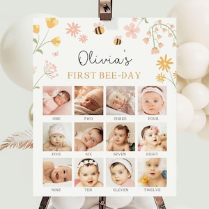 Poster photo abeille première année, enseigne photo 12 mois abeille, décorations 1ère année de l'abeille, modèle de toile modifiable