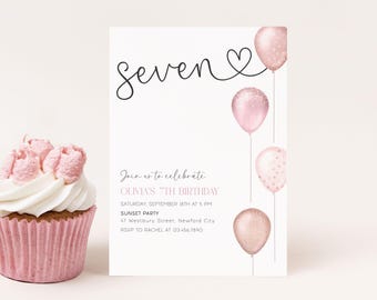 Girl's 7th Birthday Invitation, Pink Balloons, Editable Canva Template (Digital)
