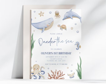 Oneder the Sea Invite Editable 1st Birthday Boy Ocean Birthday Invitation Template