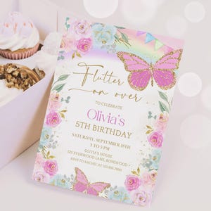 Rainbow Butterfly Birthday Invitation, Editable Whimsical Floral Invite, Canva Template