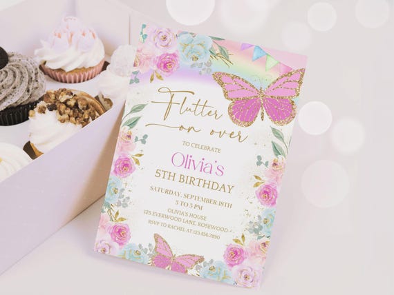 Rainbow Butterfly Birthday Invitation, Editable Whimsical Floral Invite, Canva Template