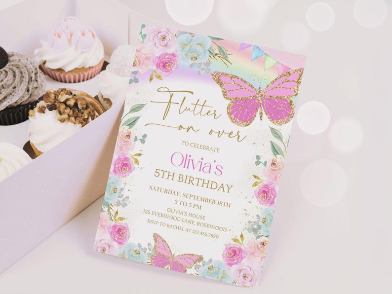 Rainbow Butterfly Birthday Invitation, Editable Whimsical Floral Invite, Canva Template