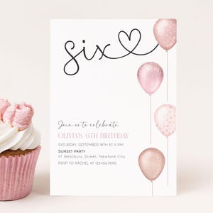 Invitación de cumpleaños número 6 con globos rosa rubor, plantilla editable de Canva (digital)