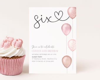 Blush Pink Balloon 6th Birthday Invitation, Editable Canva Template (Digital)