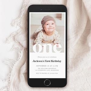 Minimalist 1st Birthday Text Invitation, Photo First Birthday Electronic Invite, Baby Boy Birthday Evite, Canva Template