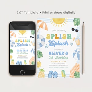 Puede incluir: Una invitaci&oacute;n digital para el 5&ordm; cumplea&ntilde;os de Oliver, con tem&aacute;tica de playa y las palabras "Splish Splash". El dise&ntilde;o incluye un sol, gafas de sol y elementos de playa. La invitaci&oacute;n se muestra en un smartphone y una tarjeta impresa.