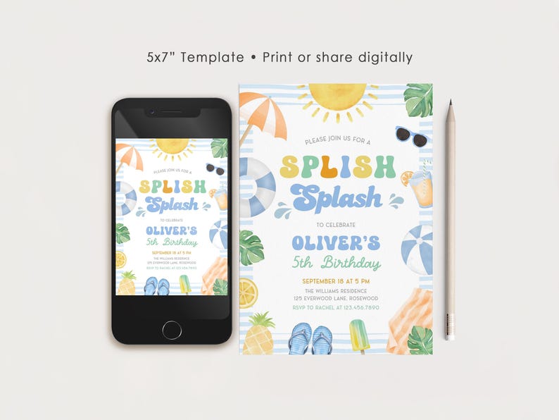 Puede incluir: Una invitaci&oacute;n digital para el 5&ordm; cumplea&ntilde;os de Oliver, con tem&aacute;tica de playa y las palabras "Splish Splash". El dise&ntilde;o incluye un sol, gafas de sol y elementos de playa. La invitaci&oacute;n se muestra en un smartphone y una tarjeta impresa.