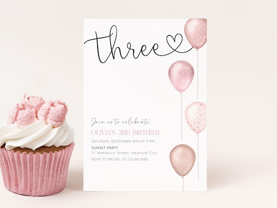 Girl 3rd Birthday Invitation Editable, Pink Balloons Birthday Party Invite, Modern Simple Digital Download Canva