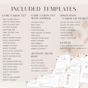 May include: A light beige printable baby shower game template set. The set includes game cards, activity signs, and extras. The text includes "Included Templates", "Game Cards", "Baby Shower Bingo", and "Don't Say Baby".