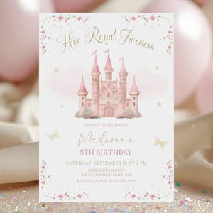 Inbjudan till prinsessans 5-årsdag, inbjudan till hennes kungliga femte födelsedag, rosa prinsessslott, redigerbar mall