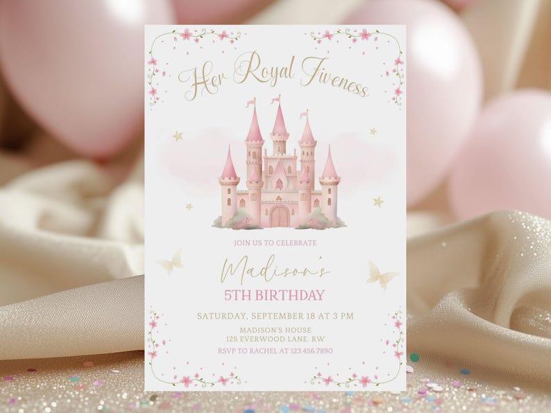 Princess 5th Birthday Invitation, Her Royal Fiveness Invite, Pink Princess Castle, Editable Template