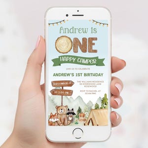One Happy Camper Digital Invitation, Camping 1st Birthday Mobile, Woodland Evite Boy, Canva Template