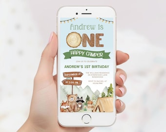 One Happy Camper Digital Invitation, Camping 1st Birthday Mobile, Woodland Evite Boy, Canva Template