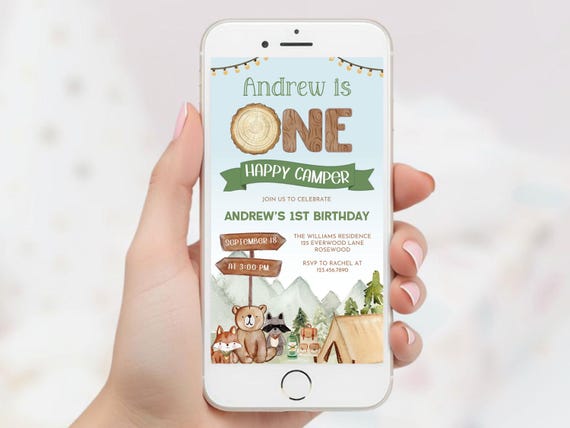 One Happy Camper Digital Invitation, Camping 1st Birthday Mobile, Woodland Evite Boy, Canva Template