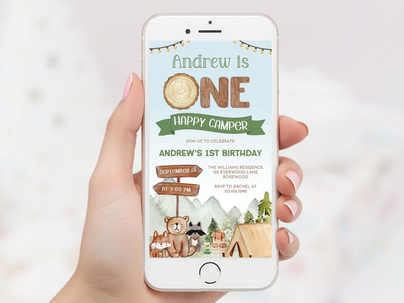 One Happy Camper Digital Invitation, Camping 1st Birthday Mobile, Woodland Evite Boy, Canva Template