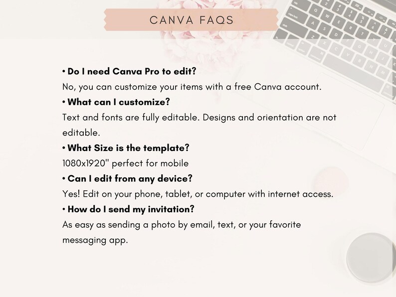 May include: A light beige background with the text "CANVA FAQS" in a pink banner. The text includes questions and answers about Canva, such as editing, customization, and template size. A laptop keyboard is visible in the background.