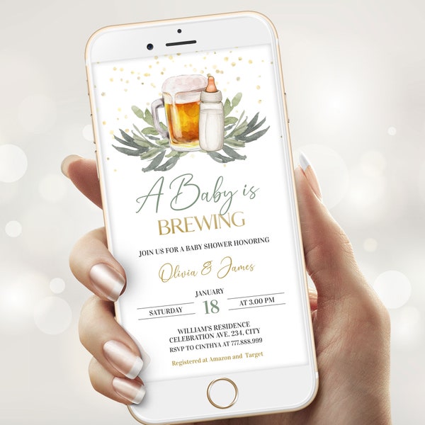 A Baby is Brewing Beer Electronic Invitation Template, Couples Coed Baby Shower Evite, Editable Text Message Invitation