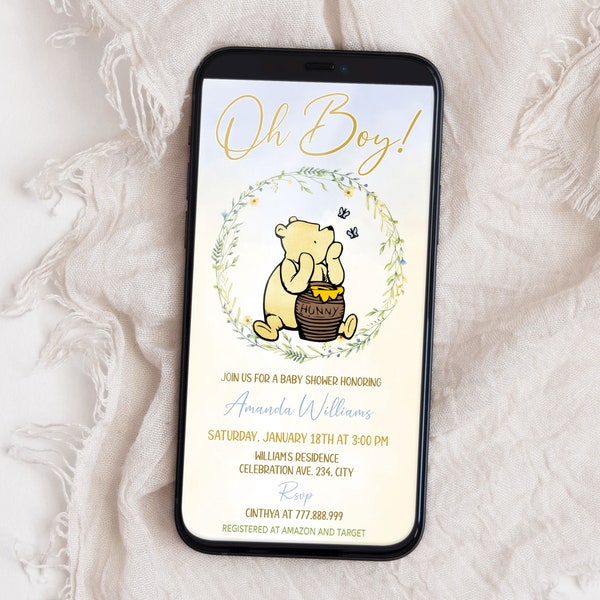 Pooh Baby Shower Electronic Invitation Boy Template, Classic Pooh Baby Shower Evite, Editable Text Message Invitation
