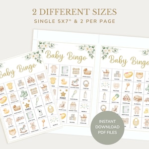 May include: Baby Bingo game cards in two sizes, 5x7 inches and two per page. The cards feature a floral design and illustrations of baby-related items. The text "Baby Bingo" is in gold script.