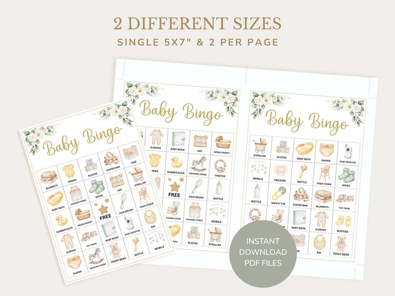 May include: Baby Bingo game cards in two sizes, 5x7 inches and two per page. The cards feature a floral design and illustrations of baby-related items. The text "Baby Bingo" is in gold script.