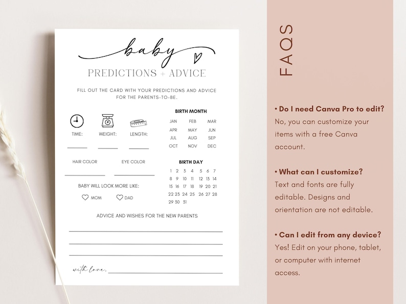 Baby Shower Predictions and Advice Card Printable, Minimalist Game ...