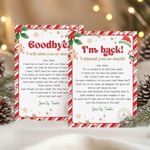 Op de afbeelding: Twee kerstkaarten met rood-witte gestreepte randen. De ene kaart zegt "Goodbye, I will miss you so much!" en de andere "I'm back! I missed you so much!". Beide kaarten hebben feestelijke decoraties.