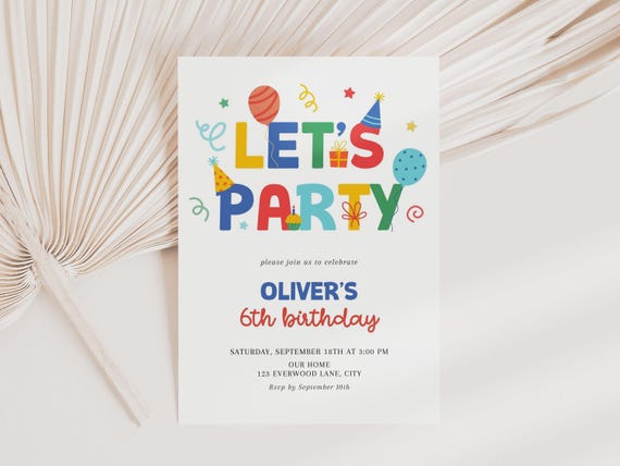 Let's Party Colorful Birthday Invitation for Kids Any Age, Canva Template