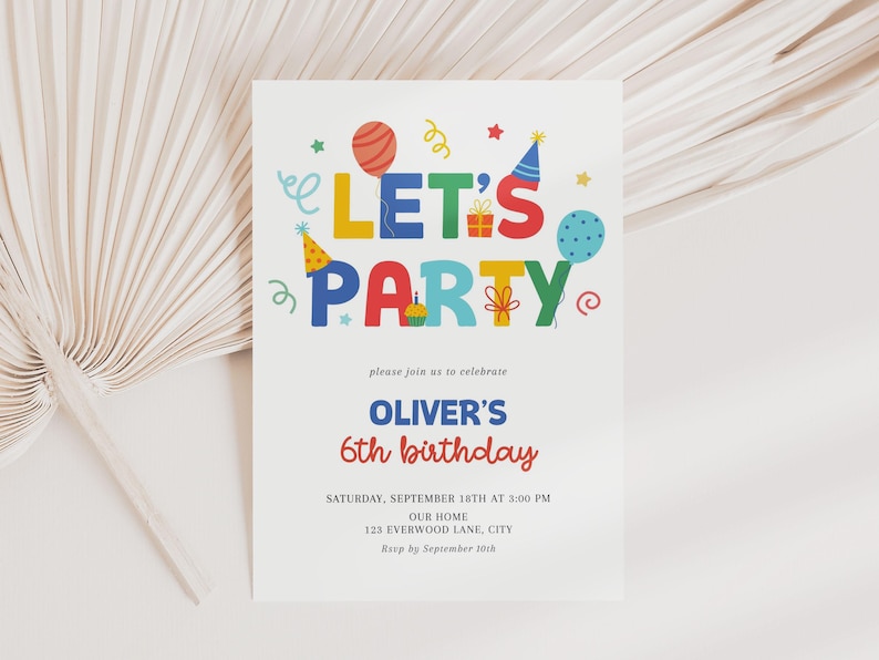 Let's Party Colorful Birthday Invitation for Kids Any Age, Canva Template