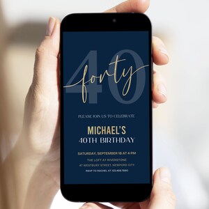 40th Birthday Digital Phone Invitation for Men Editable, Navy and Gold Canva Template image 2