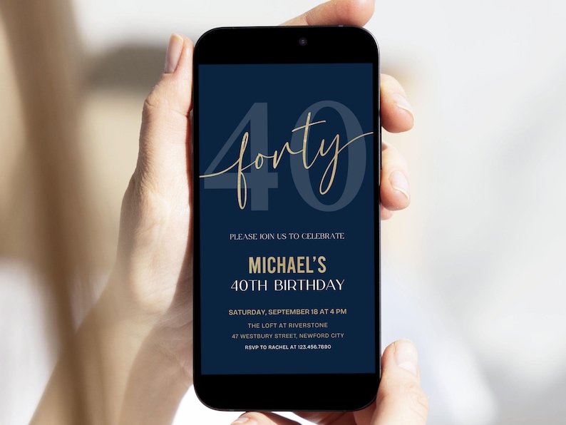 40th Birthday Digital Phone Invitation for Men Editable, Navy and Gold Canva Template image 2