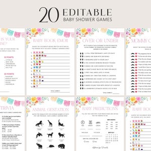 May include: A set of 20 editable baby shower games with floral and colorful banner decorations. Games include "What's in Your Purse?", "Baby Book Emoji", "Over or Under", "Mommy or Daddy", "Baby Trivia", "Animal Gestation", "Baby Predictions", and more.