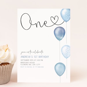 Invito per il primo compleanno di un bambino con palloncini blu, modello semplice e minimale, modificabile