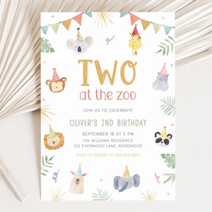 Op de afbeelding: Een kleurrijke uitnodiging voor een tweede verjaardagsfeestje voor een kind met een dierentuin thema. De uitnodiging toont verschillende dieren, waaronder een giraffe, een aap, een koala, een nijlpaard, een lama en een olifant. De tekst op de uitnodiging luidt "TWEE in de dierentuin" en bevat details over het feest, zoals de datum, tijd en locatie.