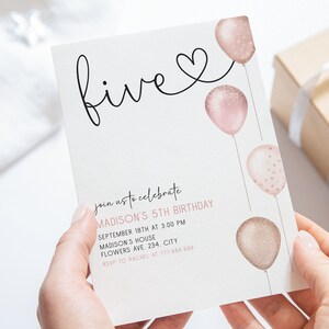 5th Birthday Invitation Girl Template, Five Invite Editable, Pink ...