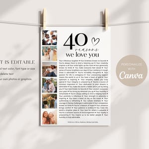 May include: A printable poster with a black and white design featuring 40 reasons to love someone. The poster includes a heart symbol and a list of reasons. The poster is decorated with photos of people.