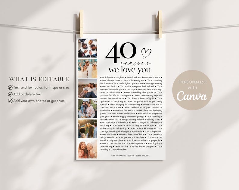 May include: A printable poster with a black and white design featuring 40 reasons to love someone. The poster includes a heart symbol and a list of reasons. The poster is decorated with photos of people.